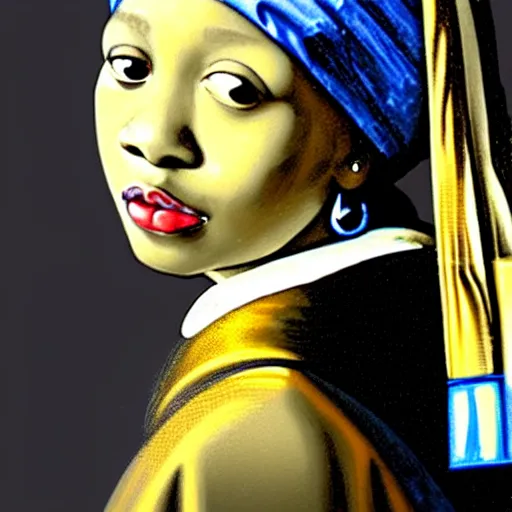 Image similar to portrait of an african woman, girl with the pearl earring, hyper realistic, black background, yellow and blue,