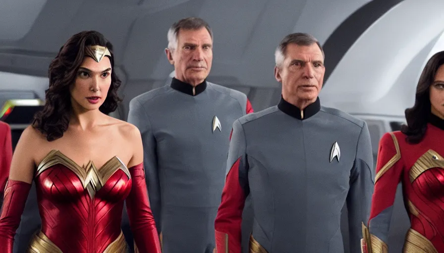 Image similar to Gal Gadot, wearing command red, is the captain of the starship Enterprise in the new Star Trek movie