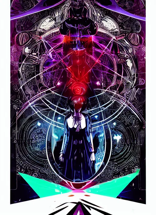 Image similar to white arc - witch with mystic robotic, blade runner, akira, ghost in the shell, elden ring, style of laurie greasley and satoshi kon + symmetric lights and smoke, psychedelic effects, glowing particles, neon rain, glowing runes, de - noise, symmetrical composition, high detailed + tarot card, ornate border, 8 k