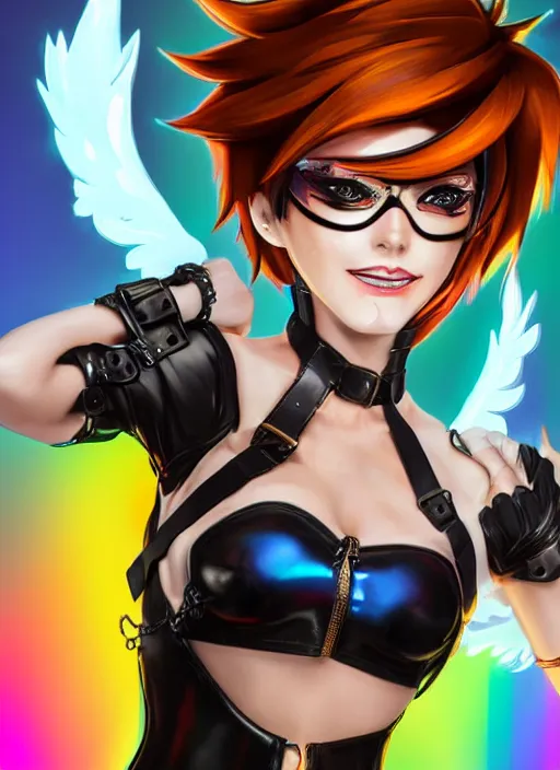 Prompt: portrait bust digital artwork of tracer overwatch, wearing black iridescent rainbow latex and leather outfit, 4 k, expressive happy smug expression, makeup, in style of mark arian, angel wings, wearing detailed black leather collar, chains, black leather harness, detailed face and eyes,