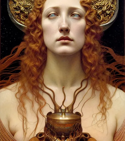 Image similar to detailed realistic beautiful young jessica lang as queen of jupiter face portrait by jean delville, gustave dore and marco mazzoni, art nouveau, symbolist, visionary, gothic, pre - raphaelite. horizontal symmetry by zdzisław beksinski, iris van herpen, raymond swanland and alphonse mucha. highly detailed, hyper - real, beautiful