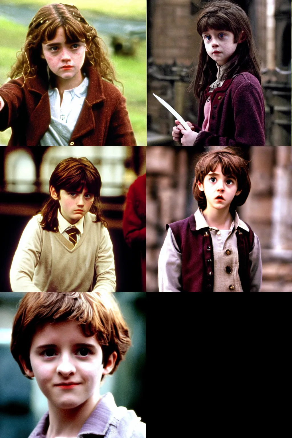 Prompt: Daniel Randcliffe as Hermione Grainger a stil shot from philosophers stone movie set