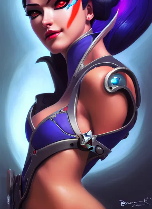 Image similar to beautiful widowmaker from overwatch, fantasy, fantasy art, character portrait, portrait, close up, highly detailed, scifi art, intricate detail, amazing detail, sharp focus, vintage fantasy art, vintage sci - fi art, radiant light, trending on artstation, caustics, by boris vallejo