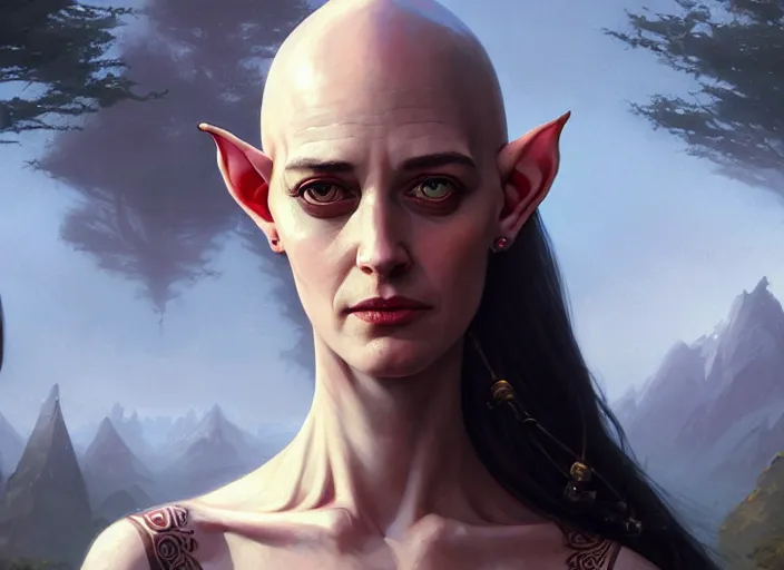 Image similar to highly detailed portrait of eva green as a bald tribal elf, in skyrim, stephen bliss, unreal engine, fantasy art by greg rutkowski, loish, rhads, ferdinand knab, makoto shinkai and lois van baarle, ilya kuvshinov, rossdraws, tom bagshaw, global illumination, radiant light, detailed and intricate environment