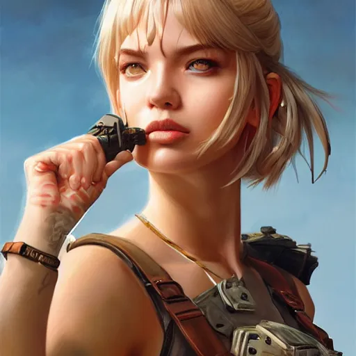 Image similar to lalisa gray as tank girl, fantasy, portrait, highly detailed, waist up, low camera angle, digital painting, trending on artstation, concept art, sharp focus, illustration, art by artgerm and greg rutkowski and magali villeneuve