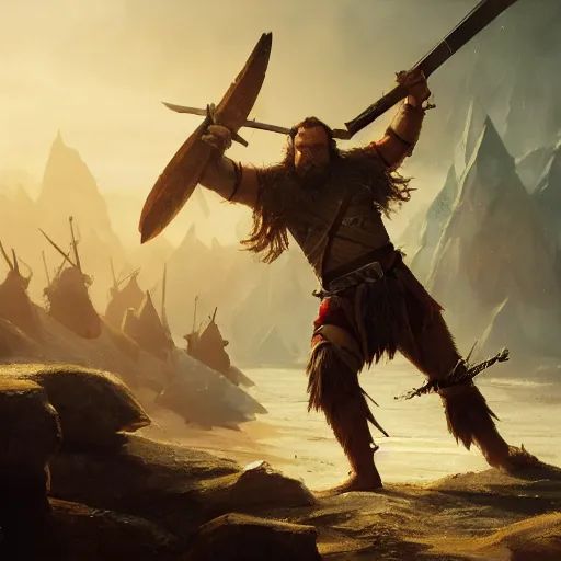 Image similar to dramatic cinematic artwork close up of Gimli as an elf wielding swords, fighting orcs in a battle by Greg Rutkowski, 4k, masterpiece, sun rays