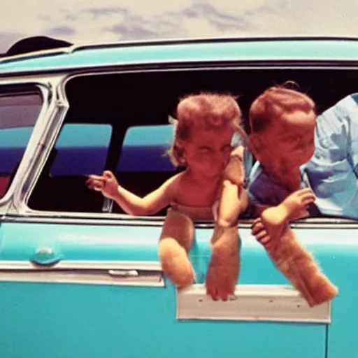 Prompt: a family of dolphins hanging out the window of a minivan, 1950s