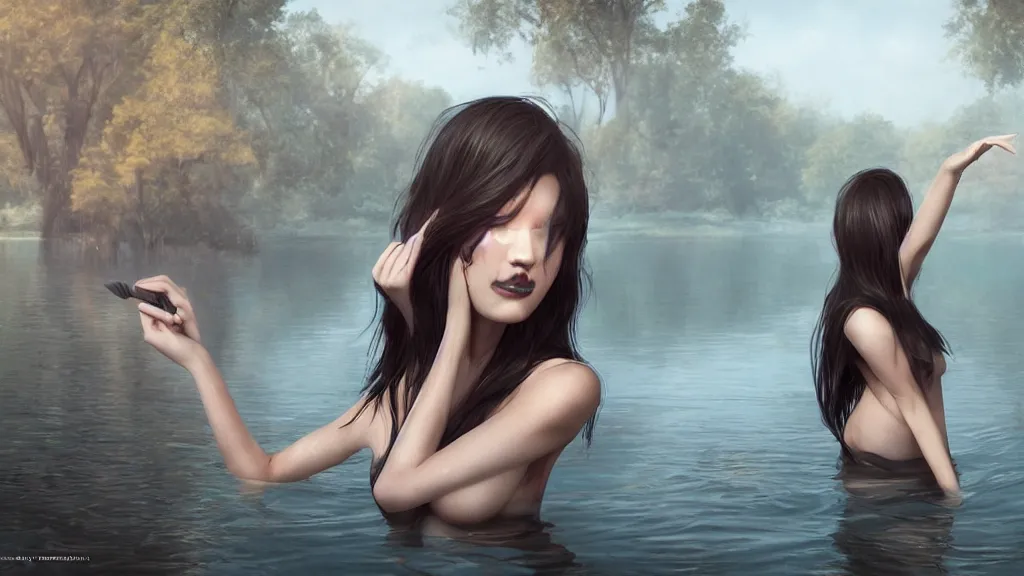 Image similar to whimsical, beautiful alluring women, wearing professional makeup, standing in a lake, raising an arm, under a binary black hole with a ring, by Greg Rutkowski, by Ross Tran, by artgerm, face enhance, volumetric lighting, 4k resolution, octane render, trending on artstation