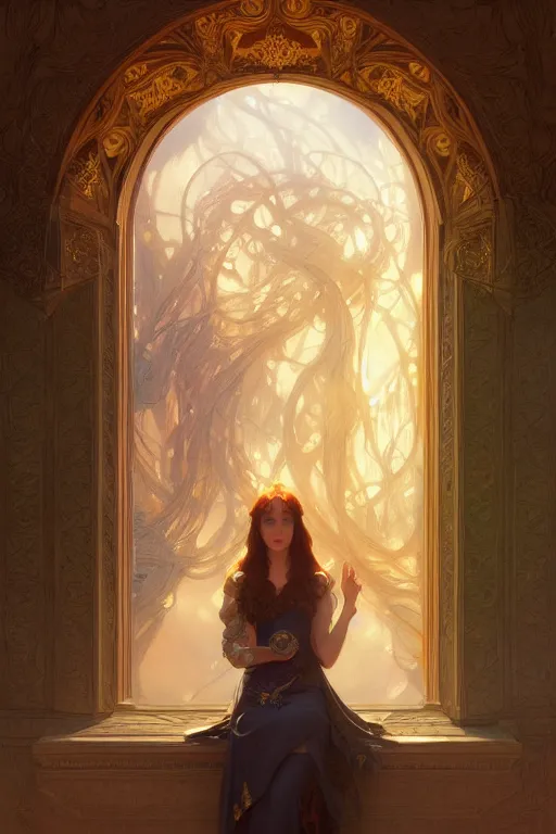 Image similar to painting of a shy noon in front of a dimensional portal, decorated, intricate, elegant, highly detailed, digital painting, artstation, concept art, smooth, sharp focus, illustration, art by artgerm and greg rutkowski and alphonse mucha, 8 k