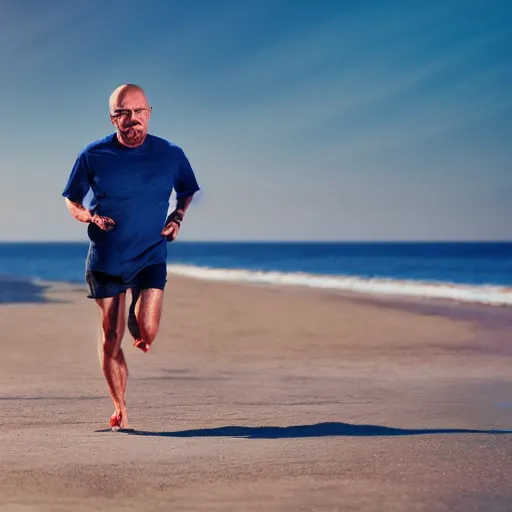 Image similar to Walter White running on the beach, artistic, 8k, cinematic