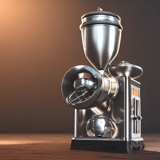 Image similar to a retrofuturistic mechanical coffee grinder, ultra detailed, octane render, 8 k, hyper realistic, studio lighting, realistic materials