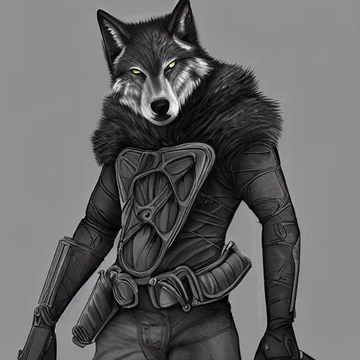 Prompt: a portrait of a wolf with carbon fiber armor and a knife sheathed on his hip, digital painting, furry fandom, furaffinity, detailed, professional