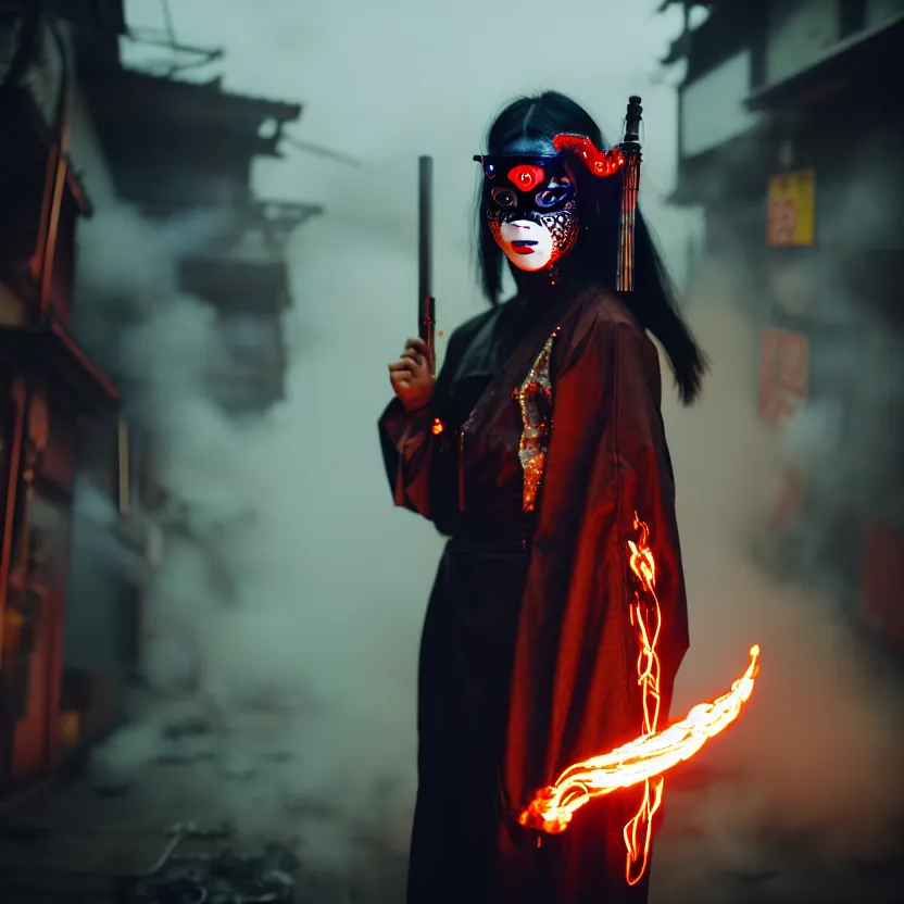 Image similar to a photo close up cyberpunk woman, wearing japanese mask, fire dance in cyberpunk dirty alley, smoke mist rain, cyberpunk gunma prefecture, midnight, photorealistic, cinematic color, studio lighting, highly detailed, bokeh, style by tomino - sama