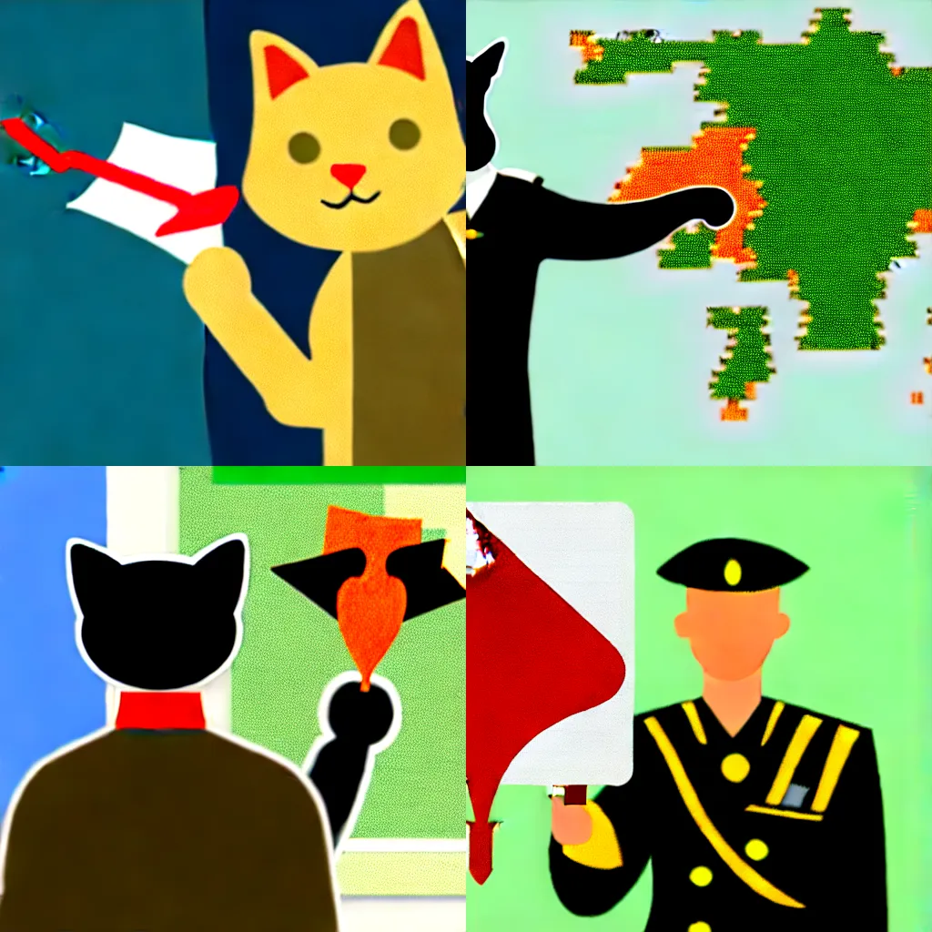 Prompt: A cat in military uniform pointing at a map with a pointer