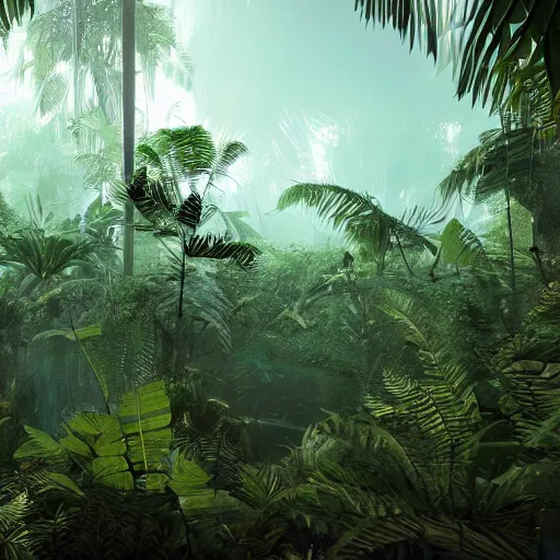 Prompt: « dark jungle, group of persons exploring with lamps, far view, unreal engine 5, photorealistic »