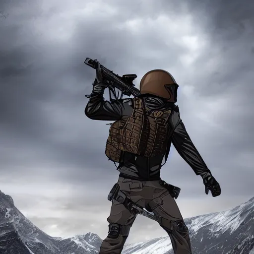 Image similar to futuristic insurgent wearing black helmet glossy visor, brown cloak, technical vest, and a backpack, photorealistic, digital art