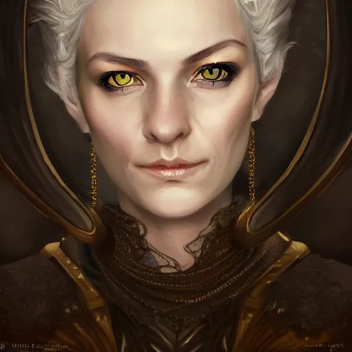 Image similar to a detailed matte head - on portrait painting of an middle - aged half - tiefling noblewoman with golden eyes and short well kept hair, by charlie bowater, lise deharme, wlop, tending on arstation, dungeons and dragon, dnd, pathfinder, fanart, oil on canvas