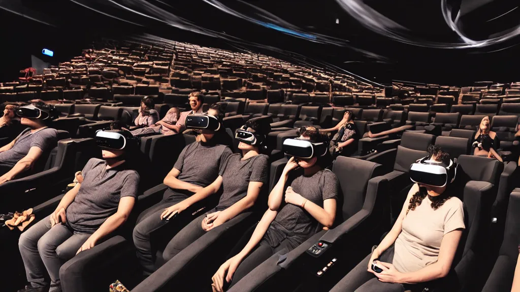 Prompt: people in a busy dark movie theatre, all of themare wearing vr headsets with art direction by salvador dali, wide lens