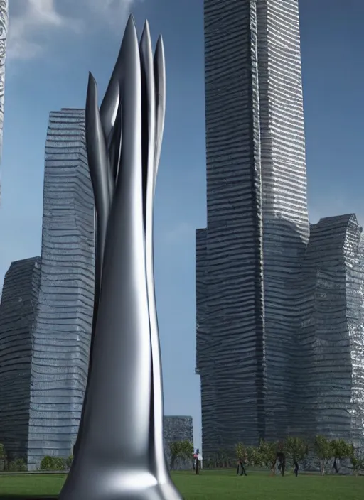 Prompt: highly detailed architecture render of a huge high futuristic metallic stele sculpture in zaha hadid style standing in city park, archdaily, made in unreal engine 4