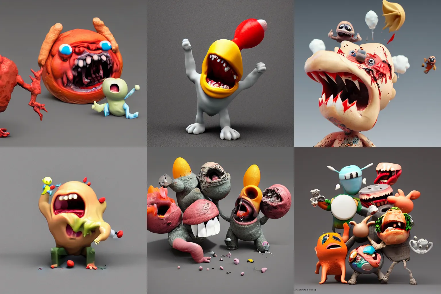 Prompt: dissection of funny, angry screaming with tongue out ceramic exploding crash miniature toy resin Figure clay animal falling apart 8K, c4d, 3d primitives, in a Studio hollow, surrounded by flying parts, explosion drawing, by pixar, beeple, by jeff koons, blender donut tutorial