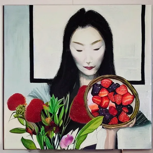 Prompt: “art in an Australian artist’s apartment, portrait of a woman wearing black silk cloth, eating luscious fresh raspberries and strawberries and blueberries, white wax, edible flowers, Japanese pottery, ikebana, black walls, acrylic and spray paint and oilstick on canvas”