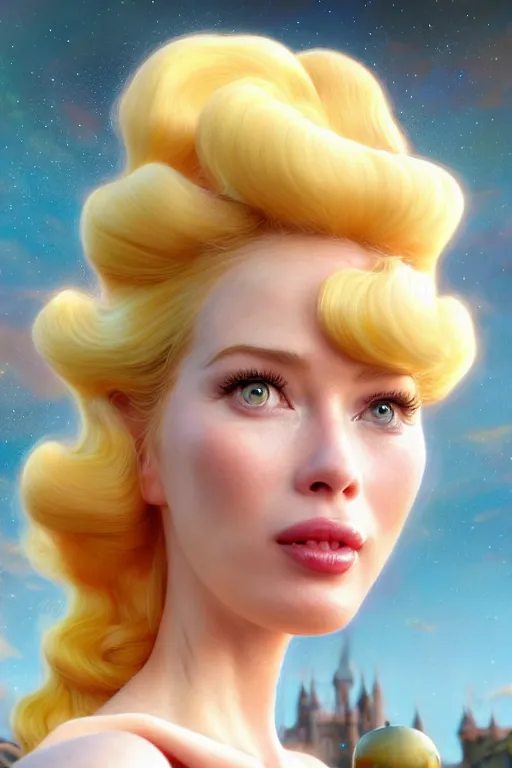 Image similar to polished sweaty princess peach : : claudia schiffer face : : christina hendricks body : : weta disney pixar movie still photo : : hi - fructose, sci fi, fantasy, decadent highly - detailed digital painting, golden ratio, octane render, artstation, smooth, sharp focus, artgerm, mucha, loish, wlop : :