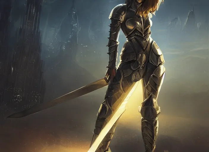 Image similar to landscape of a future city, a young english woman between the ages of 2 0 - 2 5 years, wearing armor and pointing a dagger, wearing a face full of anger. cinematic capture, dramatic condition, fine art, modern realism, sharp focus, good lighting, trending on artstation, trending on tiktok, smooth drawing, elegant, authoritative, without anomalies.