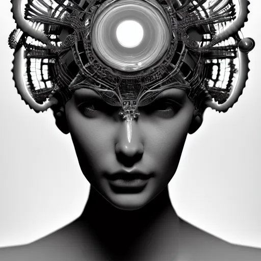 Image similar to closeup portrait of an absurdly beautiful, graceful, sophisticated, fashionable cyberpunk mechanoid gravure idol, ultrafine hyperdetailed illustration by irakli nadar, matt wisniewski style, marvel comics, intricate linework, porcelain skin, neon jellyfish headdress, ivory carved ruff, unreal engine 5 highly rendered, global illumination, radiant light, detailed and intricate environment