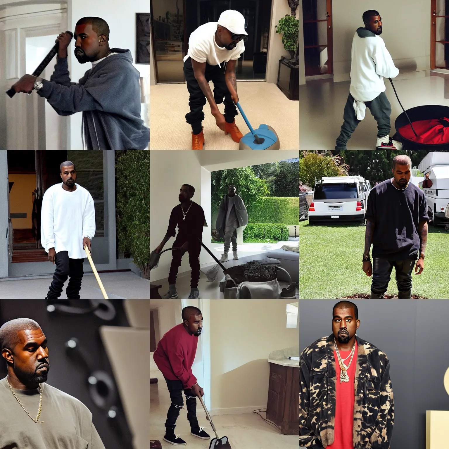 Prompt: kanye west doing house chores, high quality