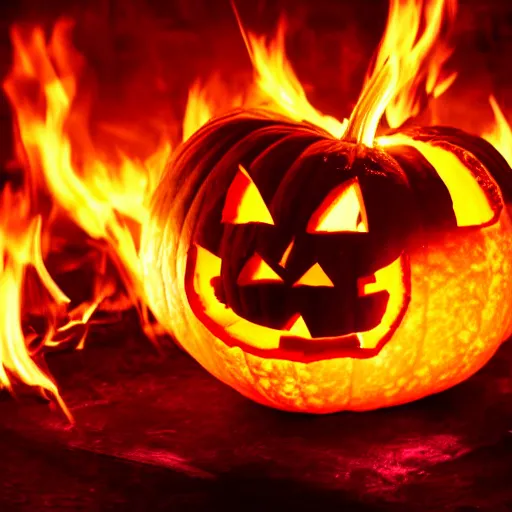 Prompt: pumpkin on fire, black background, high detail