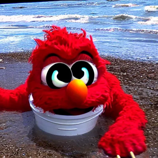 Image similar to cnn news footage of elmo being washed up on shore, tv