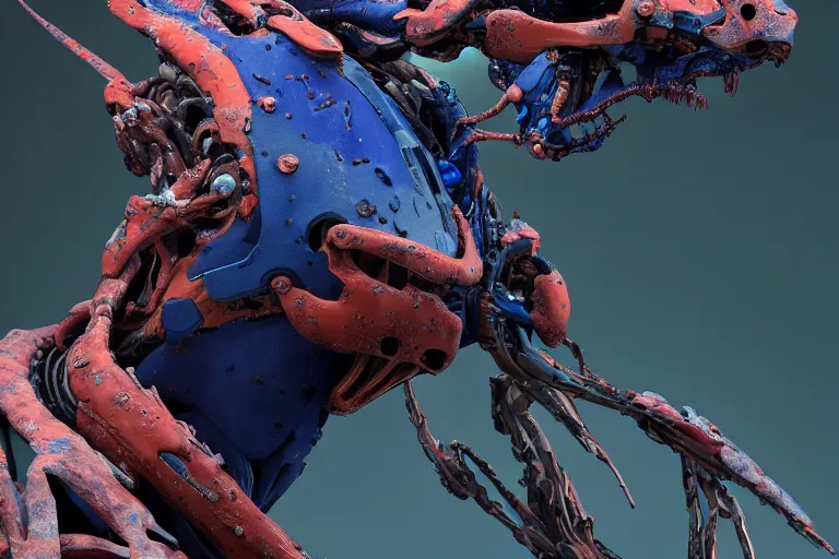 Image similar to portrait of a posed hyper detailed kaki and ultramarine leaplasher evangelion realistic mechanical and fleshy organic creature similar look as horizon forbidden west horizon zero dawn bioluminiscence in a dark deep forest at dawn in spring, with reflection and textures, by kilian eng, substance painter reaslitic mech surface metal painted scratches