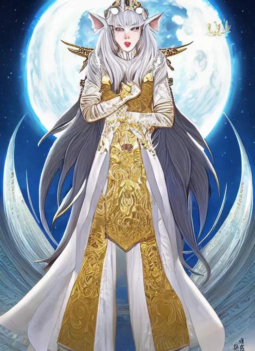 Image similar to commissioned full body portrait of a female anthro werewolf princess fursona with white hair wearing a white and gold Chinese armored dress in a white and gold palace on a starry night with a large crescent moon, by a professional manga illustrator, Stanley Artgerm Lau, WLOP, Rossdraws, James Jean, Andrei Riabovitchev, Marc Simonetti, and Sakimichan, trending on artstation