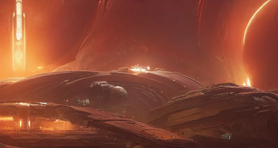 Image similar to Retro futuristic Sci-Fi space scene, Giant Aztec spaceship, nebulas swirls, dusk lighting, intricate details ,by denis villeneuve, Ridley Scott, Greg Rutkowski and Alphonse Mucha