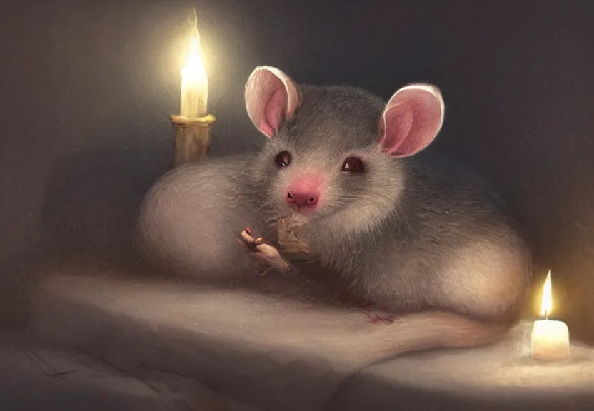 Image similar to cute possum in its pajamas sleeping in a bed in a medieval cluttered cottage at night under the dim light of a candle, dark fantasy, dreaming illusion, trending on artstation