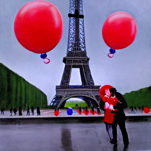 Image similar to two people standing in front of eiffel tower at trocadero holding red baloons, rainy day, strong colors, painting by eugene de lacroix,