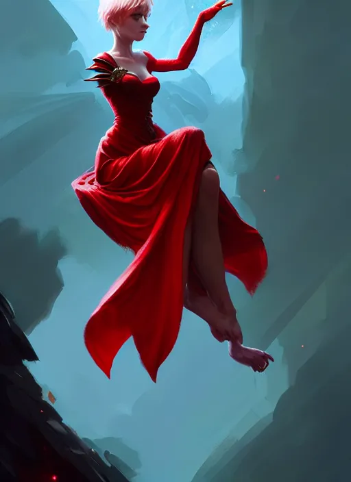 Image similar to Image of tiny pixie sitting on top of a human hand, D&D fantasy, wearing a red dress, intricate, highly detailed, digital painting, artstation, concept art, sharp focus, illustration, art by greg rutkowski and Ross Tran