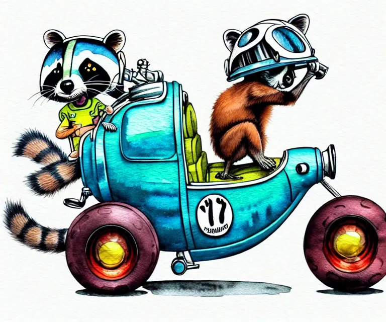 Image similar to cute and funny, racoon wearing a helmet riding in a tiny hot rod with oversized engine, ratfink style by ed roth, centered award winning watercolor pen illustration, isometric illustration by chihiro iwasaki, edited by watercolor girl, tiny details by artgerm, symmetrically isometrically centered