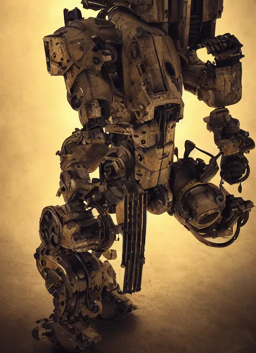 Image similar to a photorealistic dramatic hyperrealistic render of a futuristic exosuit power loader heavy machinery, ultra realistic details, glossy yellow, well worn, rust, oil stains by vitaly bulgarov and mike nash, beautiful dramatic dark moody tones and lighting, cinematic atmosphere, studio lighting, global illumination, shadows, dark background, octane render, 8 k