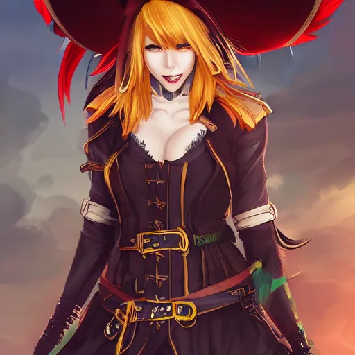 Prompt: advanced digital anime character art, female pirate captain with a yellow and a red eye , res brown hair wearing a corset and large pirate hat with feathers, RossDraws, WLOP, Sakimichan. —H 768