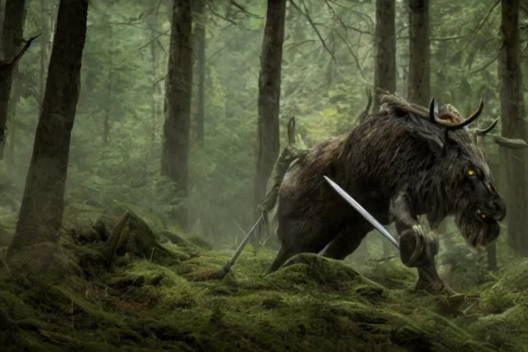 Image similar to vfx movie closeup detailed ancient warrior orc hunting elk in the forest, natural lighting by emmanuel lubezki