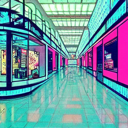 Image similar to an old shopping mall from the 1 9 8 0 s, neon lights, by satoshi kon