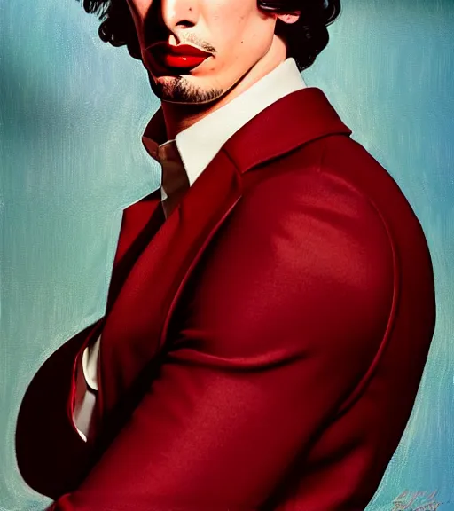 Prompt: a high fashion portrait of adam driver by jon whitcomb and gil elvgren and albrecht anker and sydney prior hall, hyperrealism