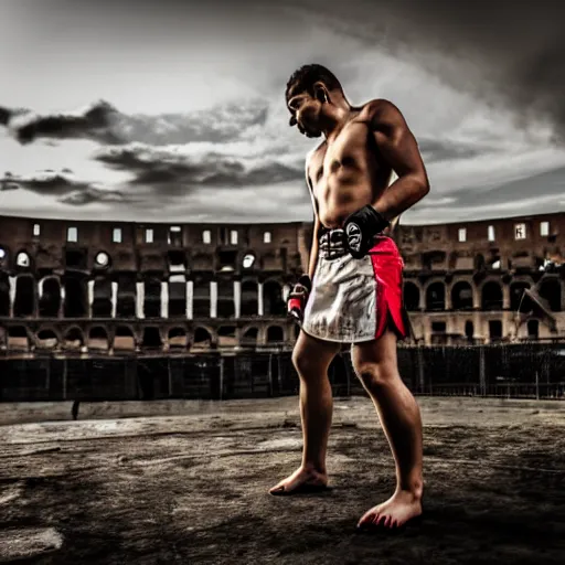 Prompt: photo of mma fighter in roman colosseum, natural light, 4k, high quality, award winning photography