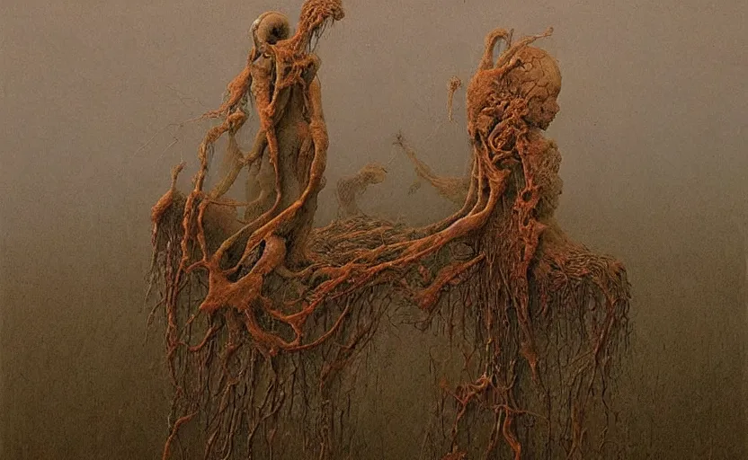 Prompt: A painting called life and death merge together, concept art by Beksinski, omnious, hihgly detailed,