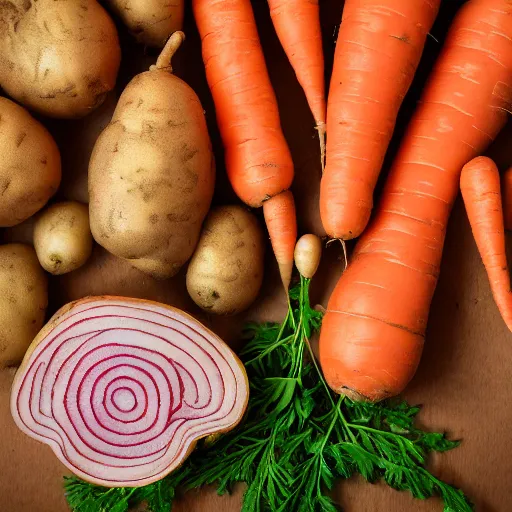 Prompt: A very beautiful and detailed botanic painting of potato, carrot, onion and beef. Professional, high quality, high resolution, professional photography, 8k, food photography