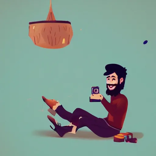 Image similar to cute cartoon character, curled perspective, digital art, attractive girl, smiling beard man taking photo, old photo camera, anton fadeev