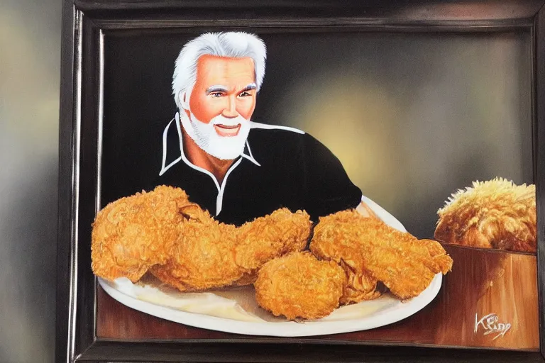 Prompt: black velvet painting of kenny rogers with fried chicken in frame