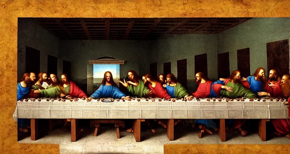 Image similar to DaVinci's the Last Supper except all of the characters have cell phones stylized as a wall Greco oil painting in Milano Italy