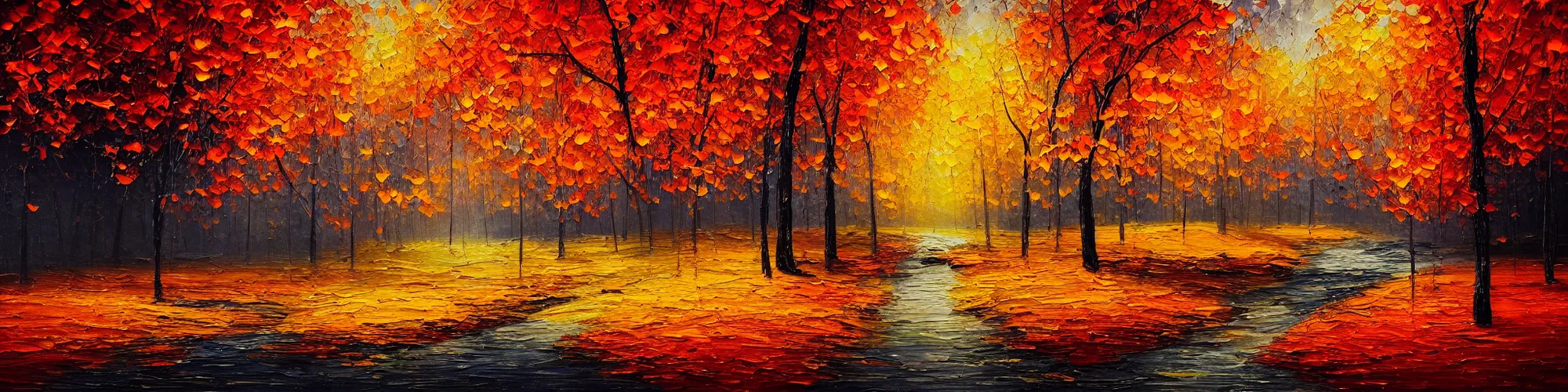 Image similar to painting of autumn landscape during night, award winning painting, beautiful, breathtaking, stunning scenery, trending on artstation, masterpiece